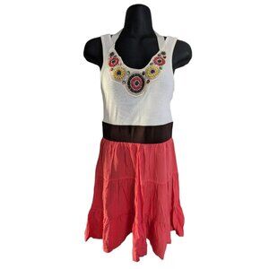 Vintage Y2K White Pink Floral Statement Tank Top Tiered Summer Dress Small S